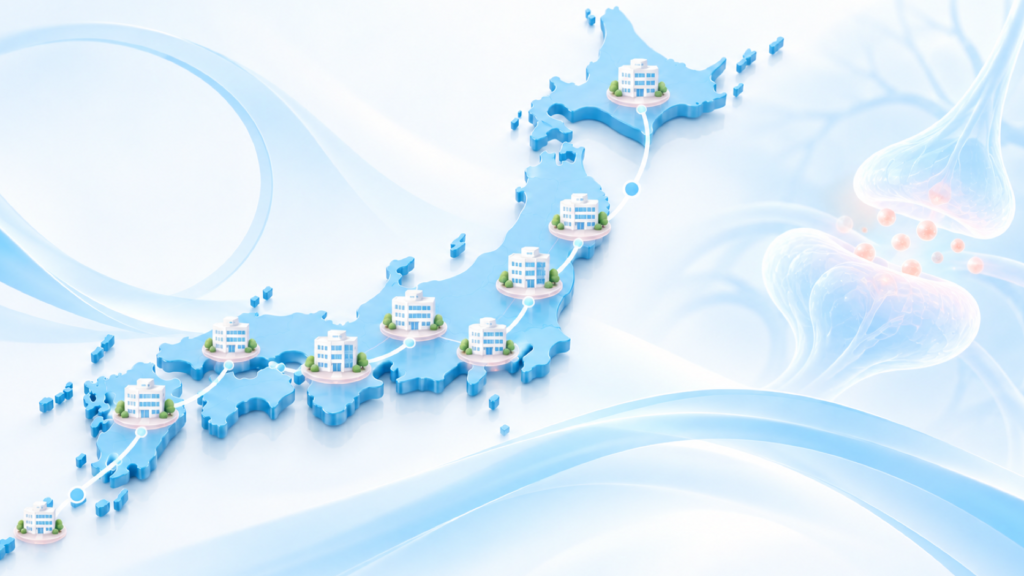 日本地図と医療機関を淡い青色で描いた、重症筋無力症の地域別施設一覧のイメージ